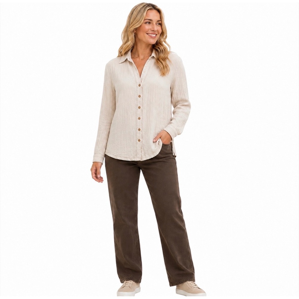 Soft Surroundings 100% Large Cotton Double Gauze Light Tan Button Down Shirt